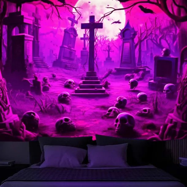 Halloween Skulls Blacklight Tapestry UV Reactive Glow in the Dark Misty Graveyard Hanging Tapestry Wall Art Mural for Living Room Bedroom
