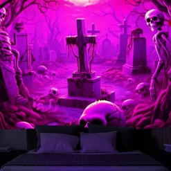 Halloween Skulls Blacklight Tapestry UV Reactive Glow in the Dark Misty Graveyard Hanging Tapestry Wall Art Mural for Living Room Bedroom
