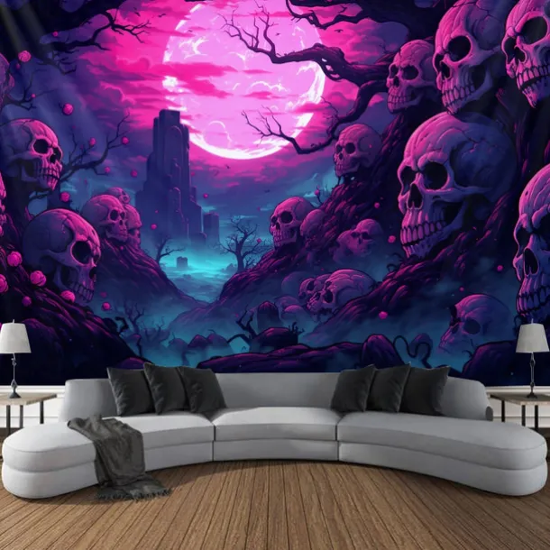 Halloween Skulls Blacklight Tapestry UV Reactive Glow in the Dark Misty Graveyard Hanging Tapestry Wall Art Mural for Living Room Bedroom