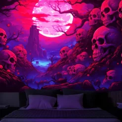 Halloween Skulls Blacklight Tapestry UV Reactive Glow in the Dark Misty Graveyard Hanging Tapestry Wall Art Mural for Living Room Bedroom