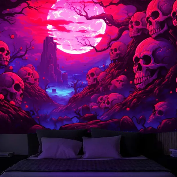 Halloween Skulls Blacklight Tapestry UV Reactive Glow in the Dark Misty Graveyard Hanging Tapestry Wall Art Mural for Living Room Bedroom