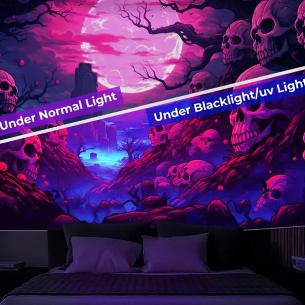 Halloween Skulls Blacklight Tapestry UV Reactive Glow in the Dark Misty Graveyard Hanging Tapestry Wall Art Mural for Living Room Bedroom