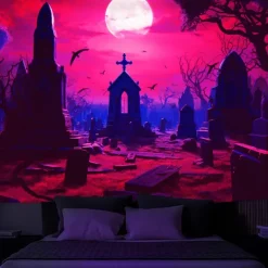 Halloween Skulls Blacklight Tapestry UV Reactive Glow in the Dark Misty Graveyard Hanging Tapestry Wall Art Mural for Living Room Bedroom