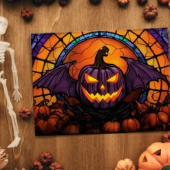 Halloween Stained Glass Pumpkin LED Canvas Wall Art - Battery Operated Lighted Wall Decor for 2025 Halloween home decoration light livingroom and bedroom