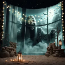 Halloween Tapestry Banners Wall Hangings Skeleton Grim Reaper 3D Dark Punk Gothic Style Party Dorm Shooting Backgrounds Decorations Wall Door Background