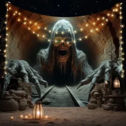 Halloween Tapestry Banners Wall Hangings Skeleton Grim Reaper 3D Dark Punk Gothic Style Party Dorm Shooting Backgrounds Decorations Wall Door Background