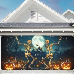 Halloween Tapestry Garage Door Cover Large Hanging Backdrop Skeleton Moon Funny Fantasy Party Outdoor Shooting Backgrounds Front Door Decorations Wall Door Background