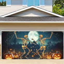 Halloween Tapestry Garage Door Cover Large Hanging Backdrop Skeleton Moon Funny Fantasy Party Outdoor Shooting Backgrounds Front Door Decorations Wall Door Background