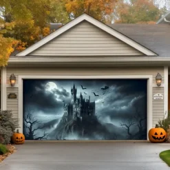 Halloween Tapestry Garage Door Cover Large Hanging Backdrop Pumpkin Castle Dark Punk Gothic Style Party Outdoor Shooting Backgrounds Front Door Decorations Wall Door Background