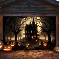 Halloween Tapestry Garage Door Cover Large Hanging Backdrop Pumpkin Castle Dark Punk Gothic Style Party Outdoor Shooting Backgrounds Front Door Decorations Wall Door Background