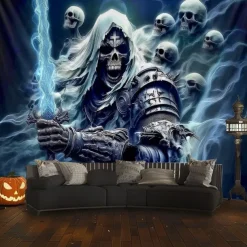 Halloween Tapestry Wall Hanging – Grim Reaper, Creepy Cemetery Scene under Bright Full Moon, Scary Gothic Horror Wall Art for 2025 Halloween Decoration