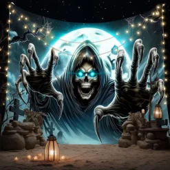 Halloween Tapestry Wall Hanging – Grim Reaper, Creepy Cemetery Scene under Bright Full Moon, Scary Gothic Horror Wall Art for 2025 Halloween Decoration