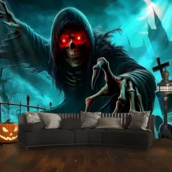 Halloween Tapestry Wall Hanging – Grim Reaper, Creepy Cemetery Scene under Bright Full Moon, Scary Gothic Horror Wall Art for 2025 Halloween Decoration