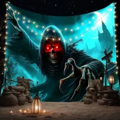 Halloween Tapestry Wall Hanging – Grim Reaper, Creepy Cemetery Scene under Bright Full Moon, Scary Gothic Horror Wall Art for 2025 Halloween Decoration