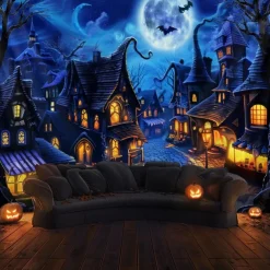 Halloween Town Wall Tapestry – Spooky Night Village with Moon, Bats and Haunted Houses, Blue Gothic Wall Hanging for 2025 Halloween Party, Bedroom, Living Room Decoration