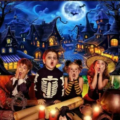 Halloween Town Wall Tapestry – Spooky Night Village with Moon, Bats and Haunted Houses, Blue Gothic Wall Hanging for 2025 Halloween Party, Bedroom, Living Room Decoration