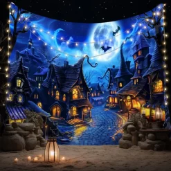 Halloween Town Wall Tapestry – Spooky Night Village with Moon, Bats and Haunted Houses, Blue Gothic Wall Hanging for 2025 Halloween Party, Bedroom, Living Room Decoration