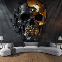 Halloween Trippy Skulls Hanging Tapestry Wall Art Large Tapestry Mural Decor Photograph Backdrop Blanket Curtain Home Bedroom Living Room Decoration