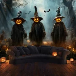 Halloween Wall Tapestry backdrop – Three Creepy Pumpkin Head Witches in Foggy Haunted Forest with Glowing Jack-O'-Lanterns and Bats, Spooky Wall Hanging Decoration for bedroom and living room