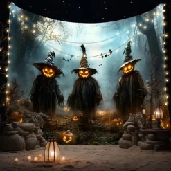 Halloween Wall Tapestry backdrop – Three Creepy Pumpkin Head Witches in Foggy Haunted Forest with Glowing Jack-O'-Lanterns and Bats, Spooky Wall Hanging Decoration for bedroom and living room