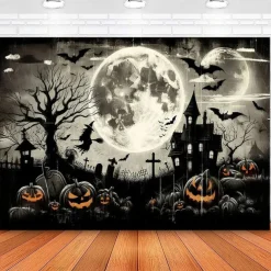 Halloween Wall Tapestry Backdrop – Spooky Haunted House with Full Moon, Flying Witch, Bats, Graveyard and Glowing Jack-o'-Lanterns, Black and White Gothic Wall Hanging for Party and Home Decoration