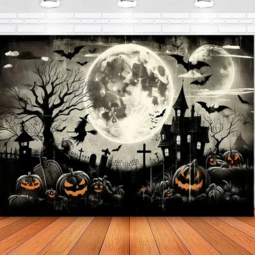 Halloween Wall Tapestry Backdrop – Spooky Haunted House with Full Moon, Flying Witch, Bats, Graveyard and Glowing Jack-o'-Lanterns, Black and White Gothic Wall Hanging for Party and Home Decoration