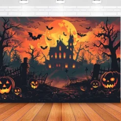 Halloween Wall Tapestry Backdrop – Spooky Haunted House with Full Moon, Flying Witch, Bats, Graveyard and Glowing Jack-o'-Lanterns, Black and White Gothic Wall Hanging for Party and Home Decoration