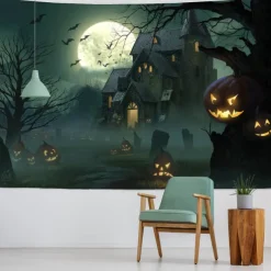 Halloween Wall Tapestry Decorative Art Blanket Curtains Hanging Home Bedroom Living Room Decor Thriller Horror Bloody Hands Goofy Skeleton Pumpkin Halloween Decorations