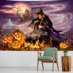Halloween Wall Tapestry Decorative Art Blanket Curtains Hanging Home Bedroom Living Room Decor Thriller Horror Bloody Hands Goofy Skeleton Pumpkin Halloween Decorations