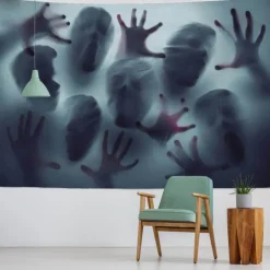 Halloween Wall Tapestry Decorative Art Blanket Curtains Hanging Home Bedroom Living Room Decor Thriller Horror Bloody Hands Goofy Skeleton Pumpkin Halloween Decorations