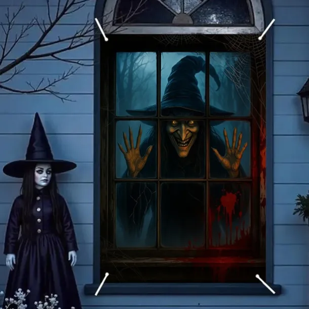 Halloween Window Cover Decorations, Fabric Cute Ghost Candle Halloween Curtain Horror Movie Poster Window Door Covering Decor for Haunted House, Scary Halloween Window Clings Decals Indoor Outdoor