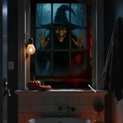 Halloween Window Cover Decorations, Fabric Cute Ghost Candle Halloween Curtain Horror Movie Poster Window Door Covering Decor for Haunted House, Scary Halloween Window Clings Decals Indoor Outdoor