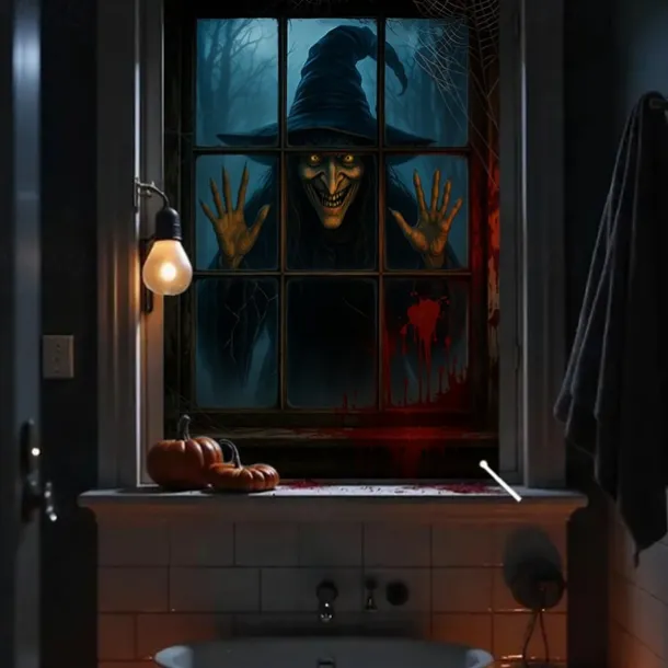 Halloween Window Cover Decorations, Fabric Cute Ghost Candle Halloween Curtain Horror Movie Poster Window Door Covering Decor for Haunted House, Scary Halloween Window Clings Decals Indoor Outdoor