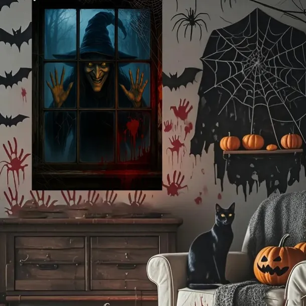 Halloween Window Cover Decorations, Fabric Cute Ghost Candle Halloween Curtain Horror Movie Poster Window Door Covering Decor for Haunted House, Scary Halloween Window Clings Decals Indoor Outdoor