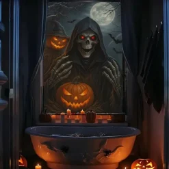 Halloween Window Cover Decorations, Fabric Cute Ghost Candle Halloween Curtain Horror Movie Poster Window Door Covering Decor for Haunted House, Scary Halloween Window Clings Decals Indoor Outdoor