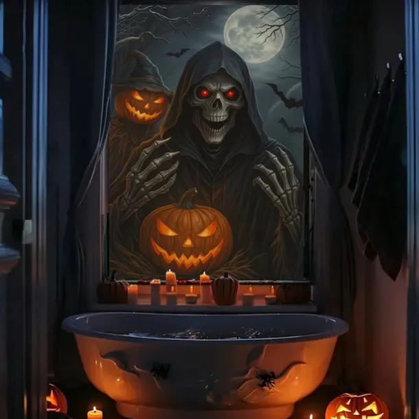 Halloween Window Cover Decorations, Fabric Cute Ghost Candle Halloween Curtain Horror Movie Poster Window Door Covering Decor for Haunted House, Scary Halloween Window Clings Decals Indoor Outdoor