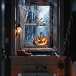 Halloween Window Cover Decorations, Fabric Cute Ghost Candle Halloween Curtain Horror Movie Poster Window Door Covering Decor for Haunted House, Scary Halloween Window Clings Decals Indoor Outdoor