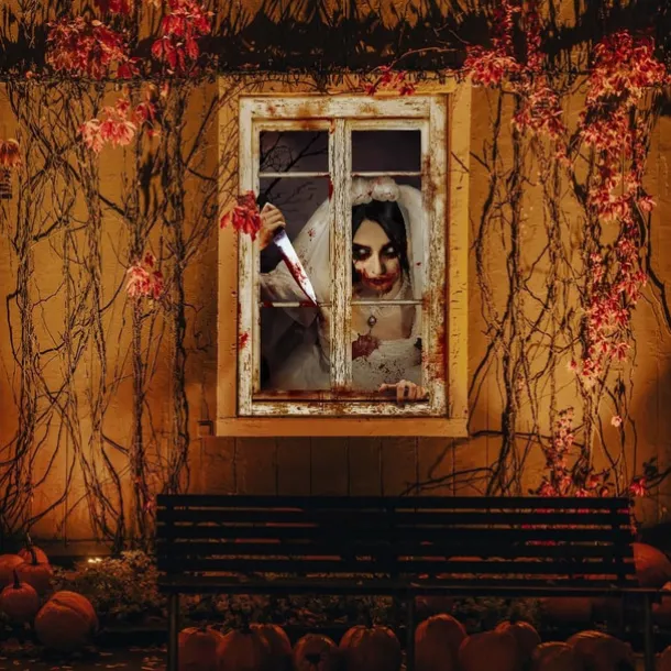 Halloween Window Cover Decorations, Fabric Bloody Hand Creepy Halloween Curtain Horror Movie Poster Window Door Covering Decor for Haunted House, Scary Halloween Window Clings Decals Indoor Outdoor