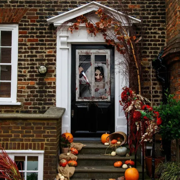 Halloween Window Cover Decorations, Fabric Bloody Hand Creepy Halloween Curtain Horror Movie Poster Window Door Covering Decor for Haunted House, Scary Halloween Window Clings Decals Indoor Outdoor