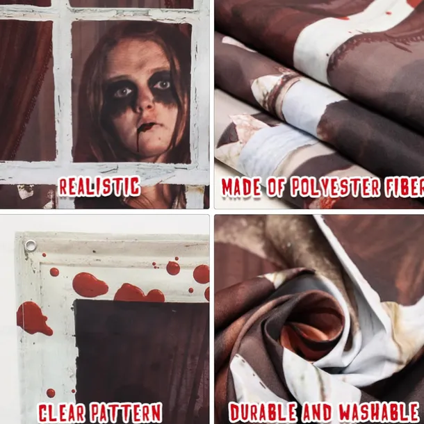 Halloween Window Cover Decorations, Fabric Bloody Hand Creepy Halloween Curtain Horror Movie Poster Window Door Covering Decor for Haunted House, Scary Halloween Window Clings Decals Indoor Outdoor