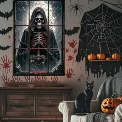 Halloween Window Curtain Skeleton in Bathtub Scene, Realistic Horror Door Cover, Window cover, Wall Tapestry for 2025 Halloween Decoration