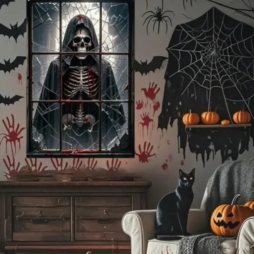 Halloween Window Curtain Skeleton in Bathtub Scene, Realistic Horror Door Cover, Window cover, Wall Tapestry for 2025 Halloween Decoration