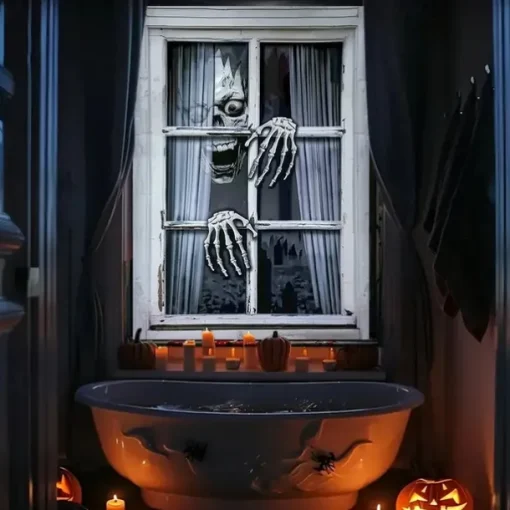 Halloween Window Curtain Skeleton Peeking Through Blinds, Scary Door Cover, Window cover, Wall Tapestry for 2025 Halloween Spooky Home Decoration