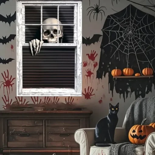 Halloween Window Curtain Skeleton Peeking Through Blinds, Scary Door Cover, Window cover, Wall Tapestry for 2025 Halloween Spooky Home Decoration