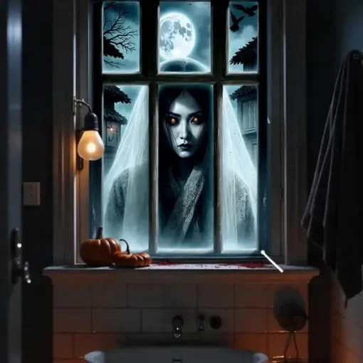 Halloween Window Curtain Creepy Ghost Woman Behind Frosted Glass, Horror Door Cover, Window cover, Wall Tapestry for 2025 Halloween Haunted House Spooky Home Decoration