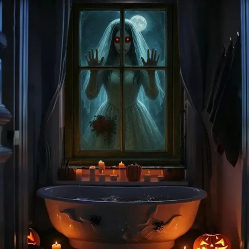 Halloween Window Curtain Grim Reaper Behind Bloody Wooden Planks, Creepy Door Cover, Window cover, Wall Tapestry for 2025 Halloween Haunted House Spooky Home Decoration