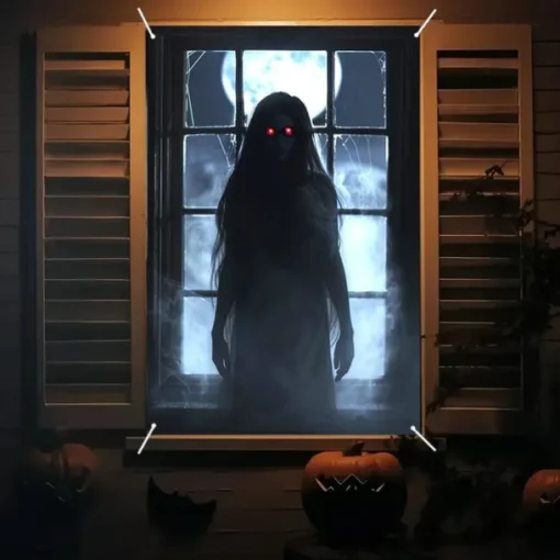 Halloween Window Curtain Grim Reaper Behind Bloody Wooden Planks, Creepy Door Cover, Window cover, Wall Tapestry for 2025 Halloween Haunted House Spooky Home Decoration