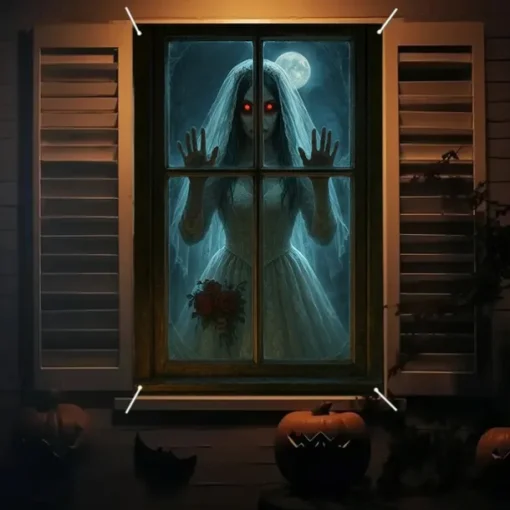 Halloween Window Curtain Grim Reaper Behind Bloody Wooden Planks, Creepy Door Cover, Window cover, Wall Tapestry for 2025 Halloween Haunted House Spooky Home Decoration