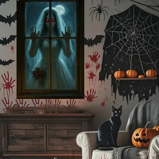 Halloween Window Curtain Grim Reaper Behind Bloody Wooden Planks, Creepy Door Cover, Window cover, Wall Tapestry for 2025 Halloween Haunted House Spooky Home Decoration