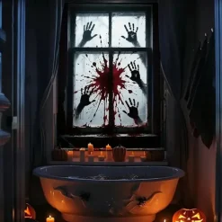 Halloween Window Curtain Bloody Handprints Bathroom Scene, Scary Door Cover, Window cover, Wall Tapestry for 2025 Halloween Haunted House Decoration